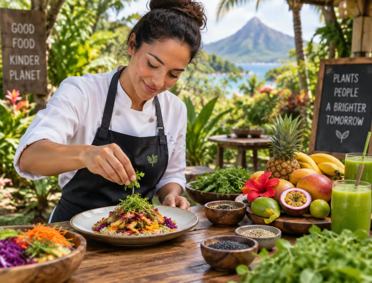Chef vegana preparando um prato colorido no espaço externo da Pipa Saúde